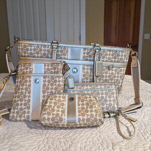 Coach Chelsea Heritage Stripe Gold Leather Diaper Bag 4-Piece Set